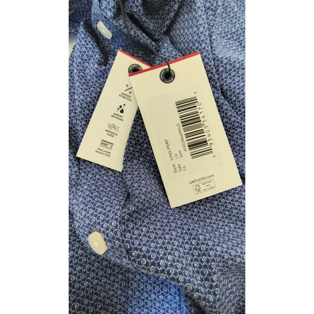 NWT UNTUCKit Mens Nylon Shirt Large Performance Blue Micro Print Slim Fit New